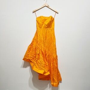 NEW Let Me Be Anthropologie Strapless Tiered Asymmetrical Hem Midi Dress Orange